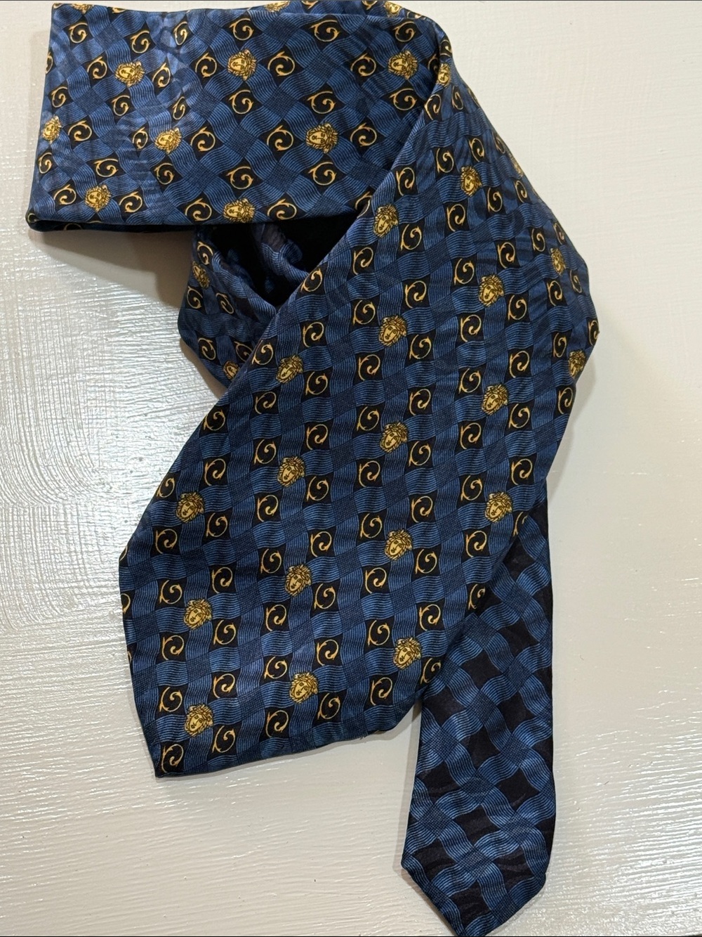 Gianni Versace Vintage Blue Patterned Silk Neck Tie with Gold Medusa Motif Italy